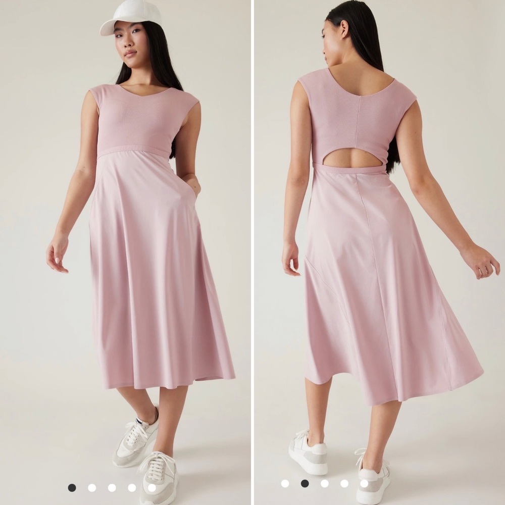 ATHLETA Ryder Dress Smoked Mauve Pink Midi Pockets Ribbed Bodice Back Cutout